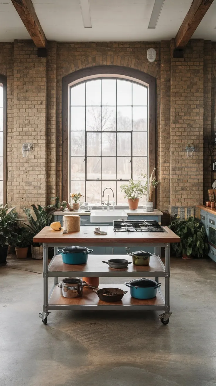 A modern industrial kitchen blends raw materials with natural elements for a stylish and inviting space.