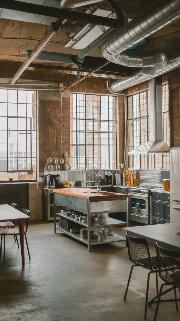 A loft apartment's modern industrial kitchen boasts exposed pipes, concrete floors, and a large island, blending sleek appliances with a raw aesthetic.