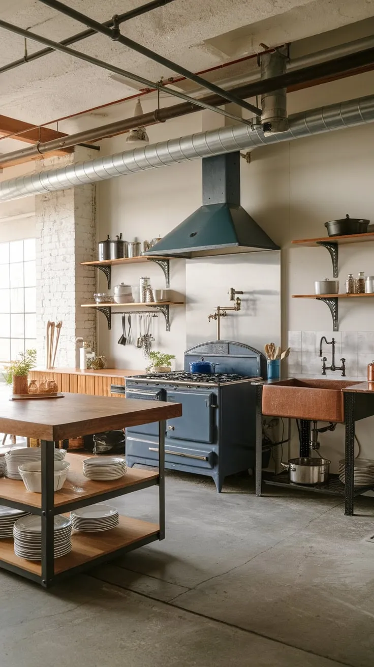 Exposed pipes and concrete floors highlight a vintage-style industrial kitchen featuring a wooden island and copper sink.