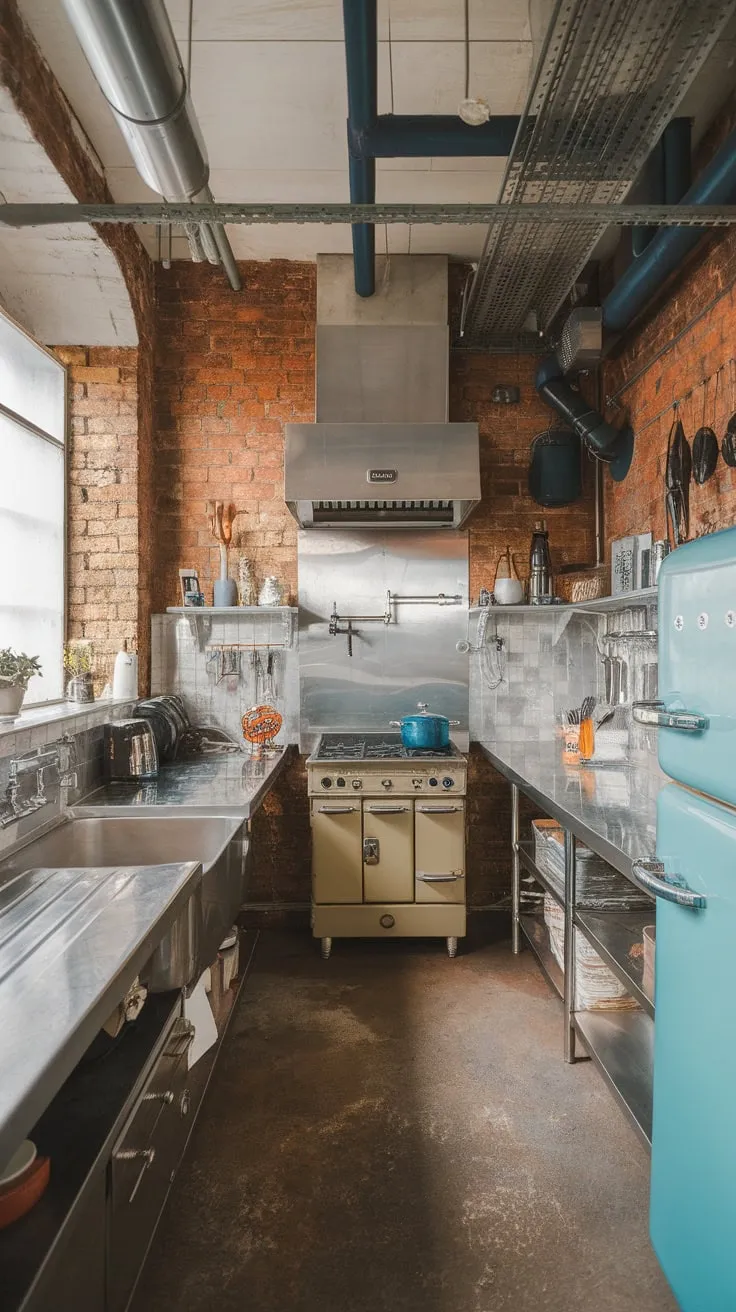 A timeless industrial kitchen design showcases raw brick, gleaming stainless steel, and essential appliances in a utilitarian space.