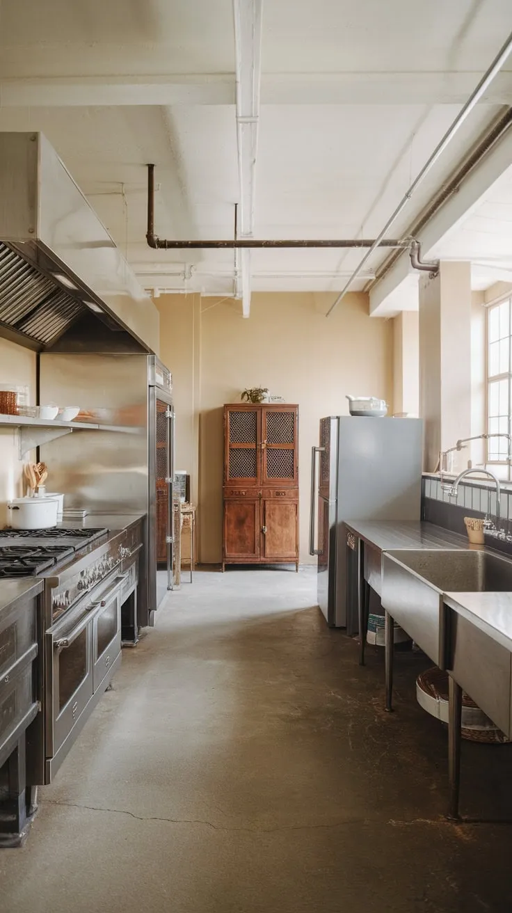 Exposed pipes and wooden cabinetry add character to this airy, stainless steel-clad industrial kitchen.