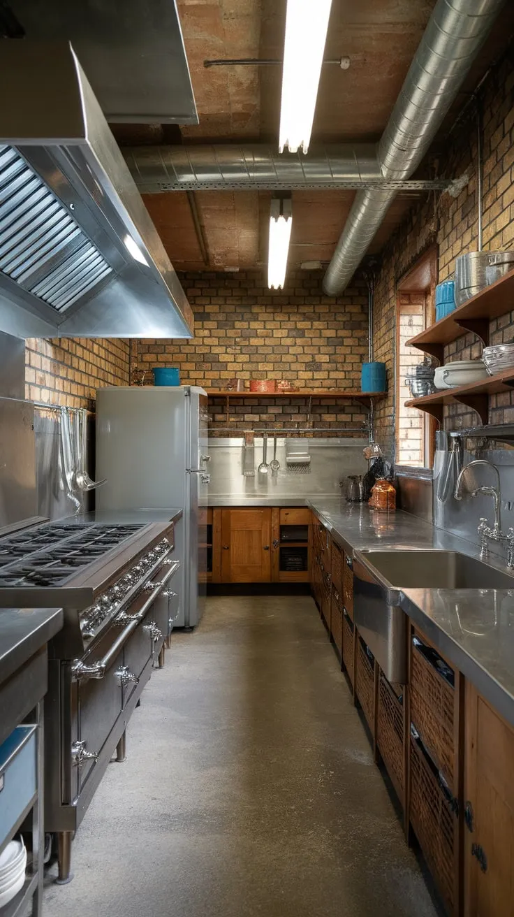 Exposed pipes and concrete floors highlight the utilitarian beauty of this classic industrial kitchen.