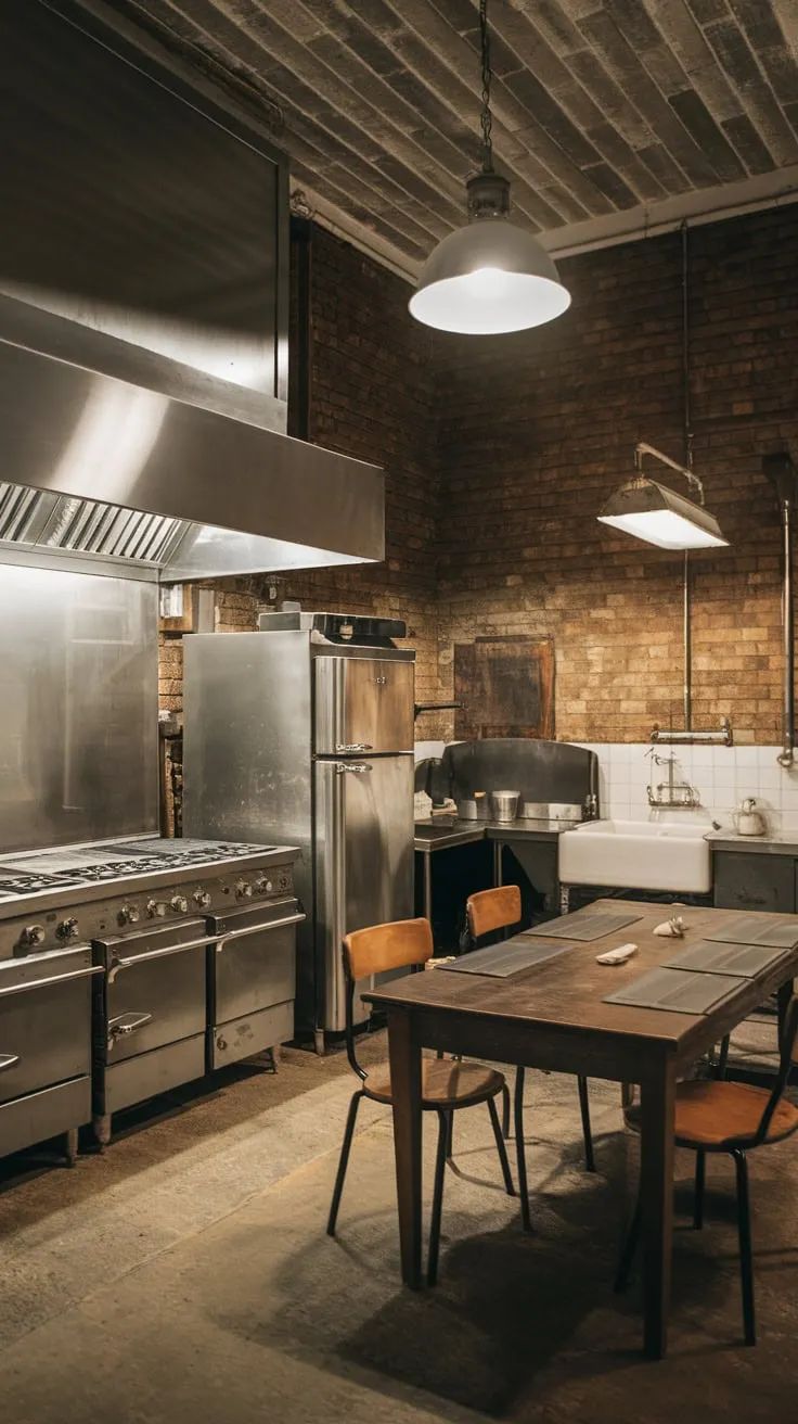Vintage industrial charm fills a kitchen of exposed brick, stainless steel, and concrete, showcasing a utilitarian design perfect for hardworking chefs.