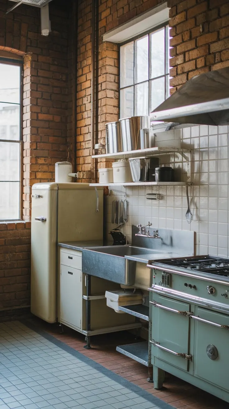 Vintage charm meets industrial grit in this timeless kitchen, showcasing stainless steel and brick.