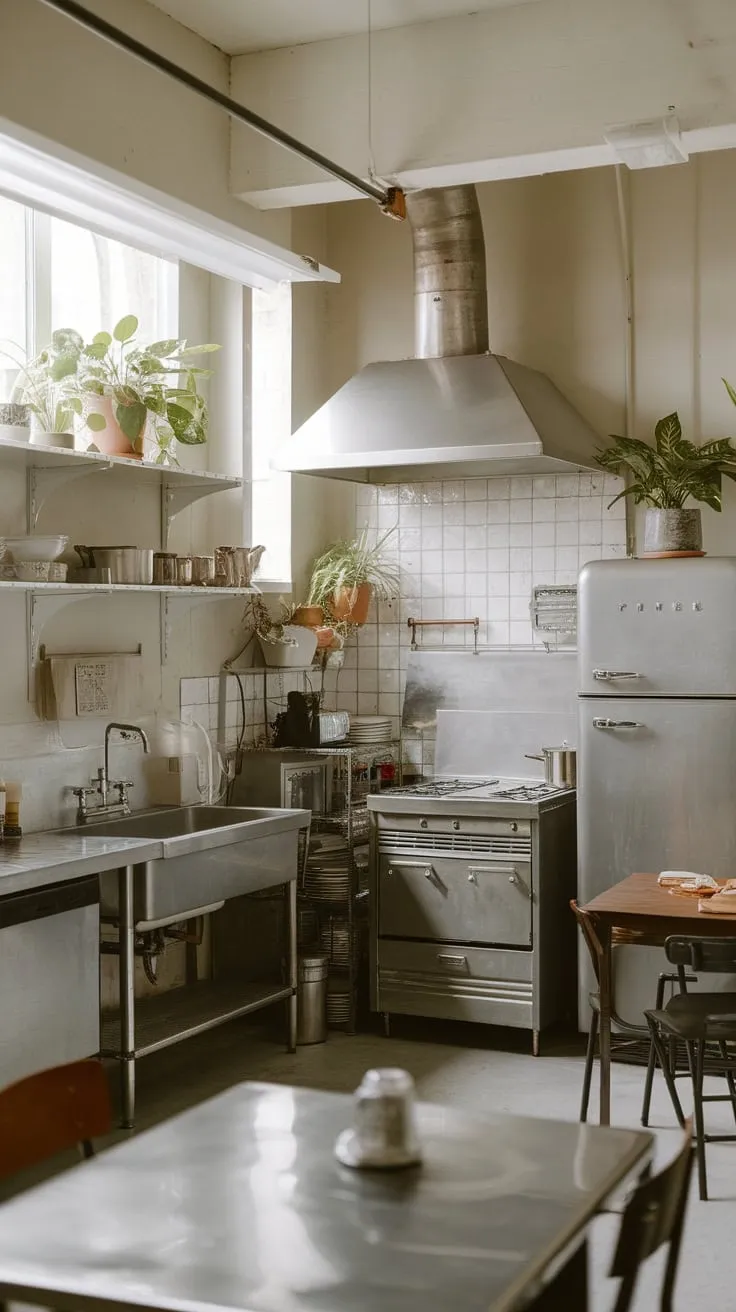 A spacious vintage industrial kitchen gleams with stainless steel appliances and simple charm.