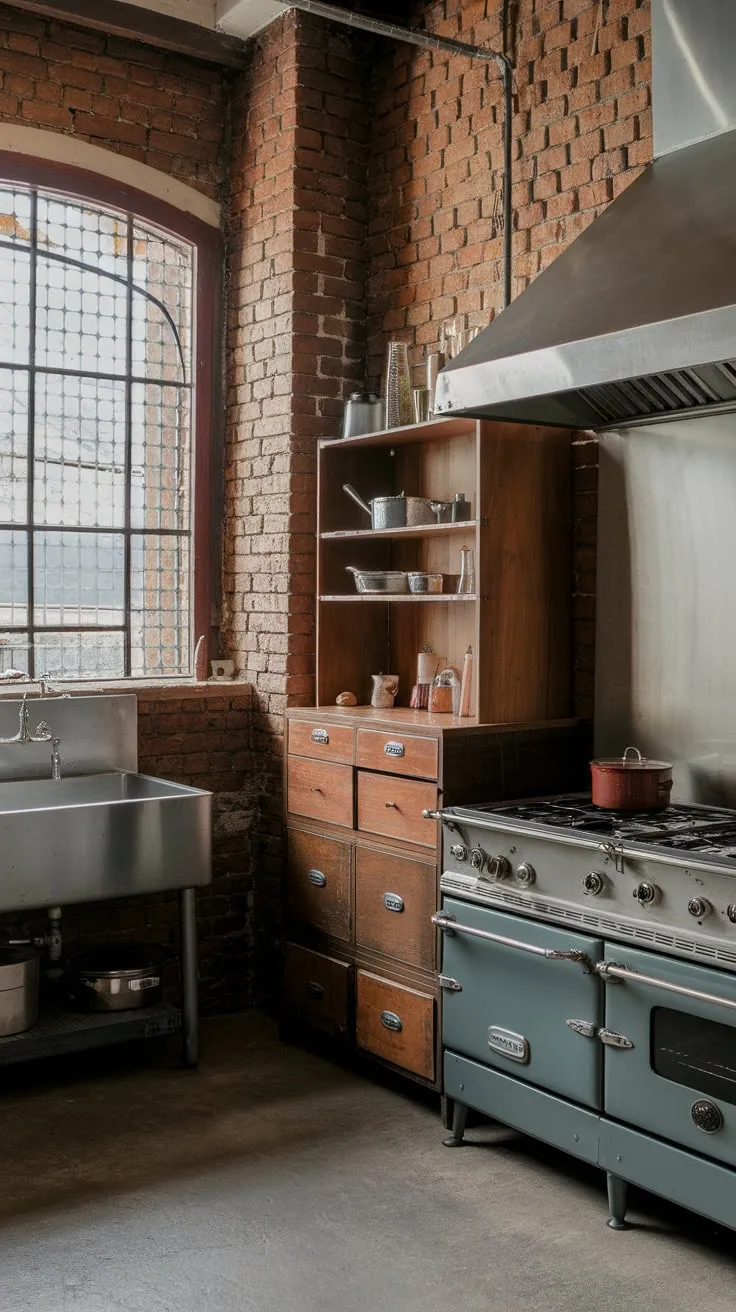 Vintage charm meets industrial grit in this exposed-brick kitchen, complete with stainless steel and a vintage range.