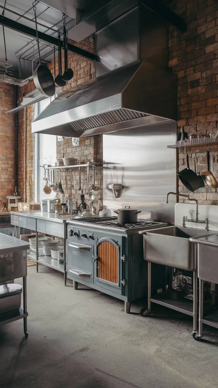 Vintage charm meets industrial strength in a high-ceilinged kitchen boasting stainless steel and exposed brick.