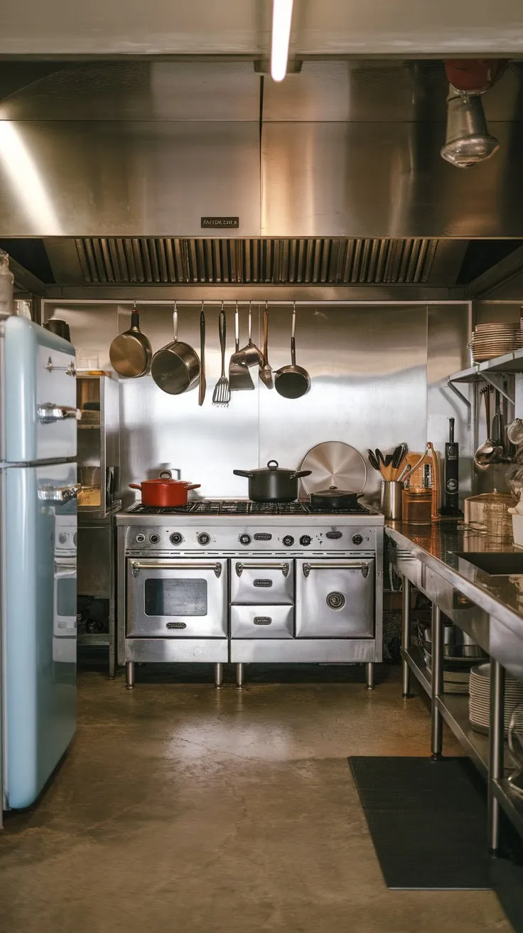 A vintage industrial kitchen's clean, functional design showcases stainless steel appliances and concrete floors, ready for action.