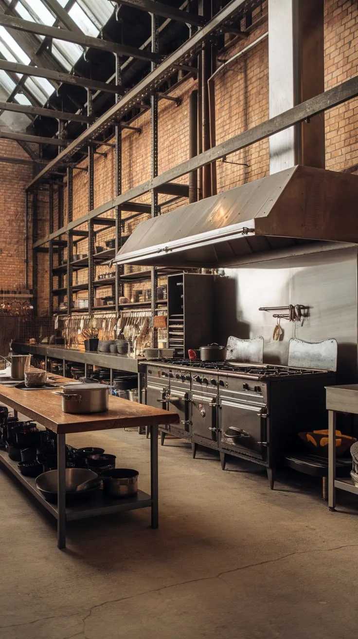 Vintage industrial charm fills a high-ceilinged kitchen, its exposed brick and aged equipment creating a utilitarian workspace.