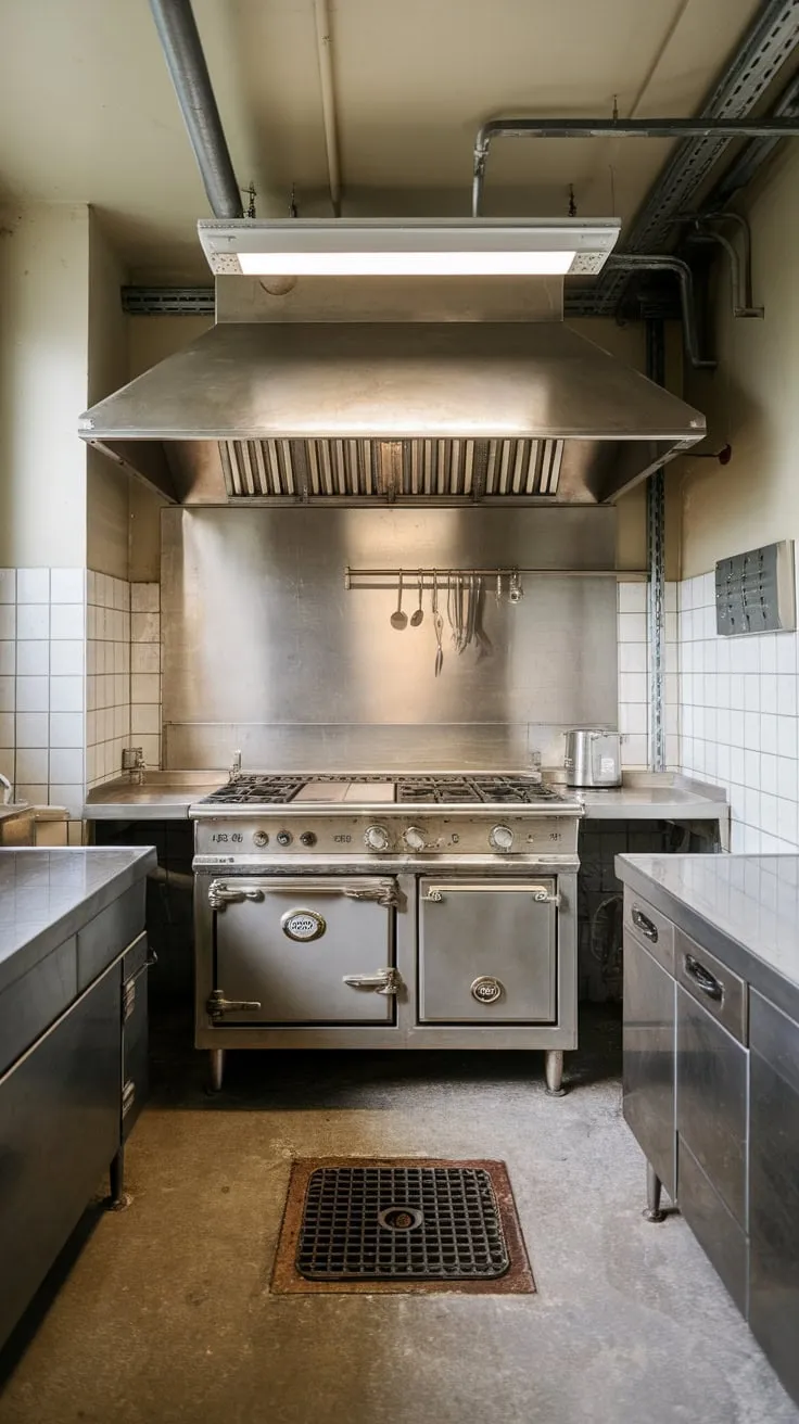 A light-colored industrial kitchen showcases vintage charm with its stainless steel fixtures, six-burner stove, and concrete floor.