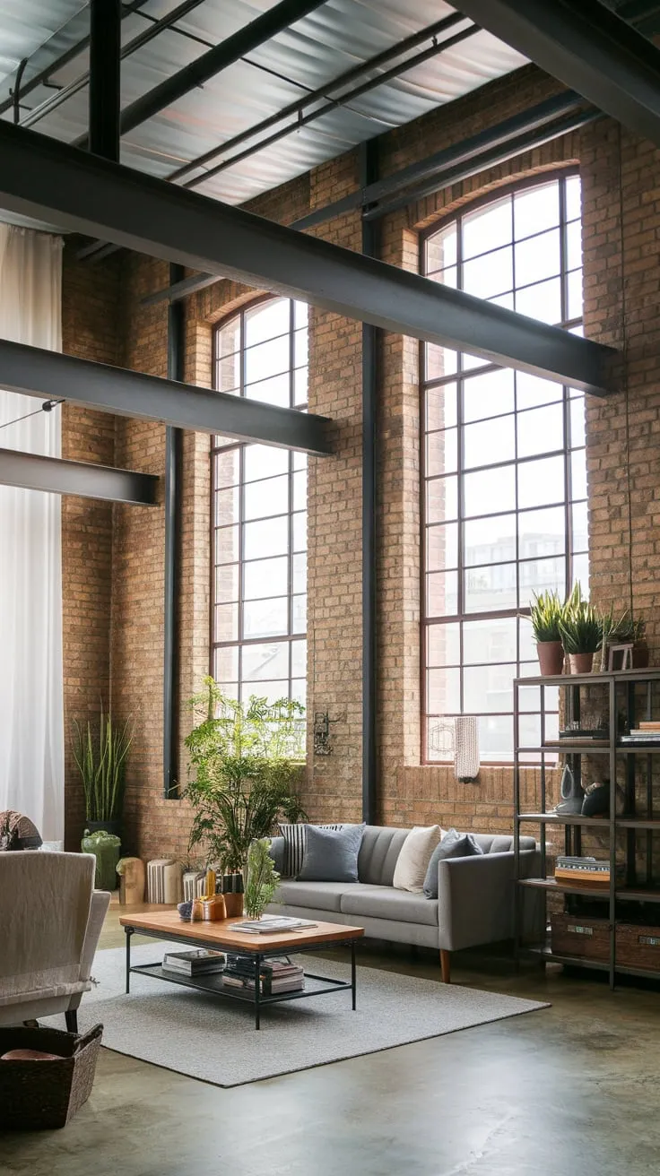 A concrete-floored living room showcases industrial chic with exposed brick, steel accents, and natural light.