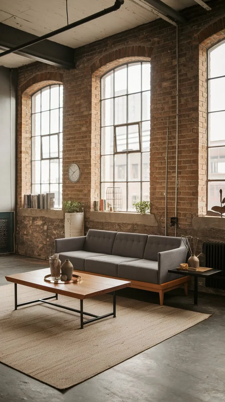 Exposed brick and high ceilings define this modern urban living room's raw industrial chic
