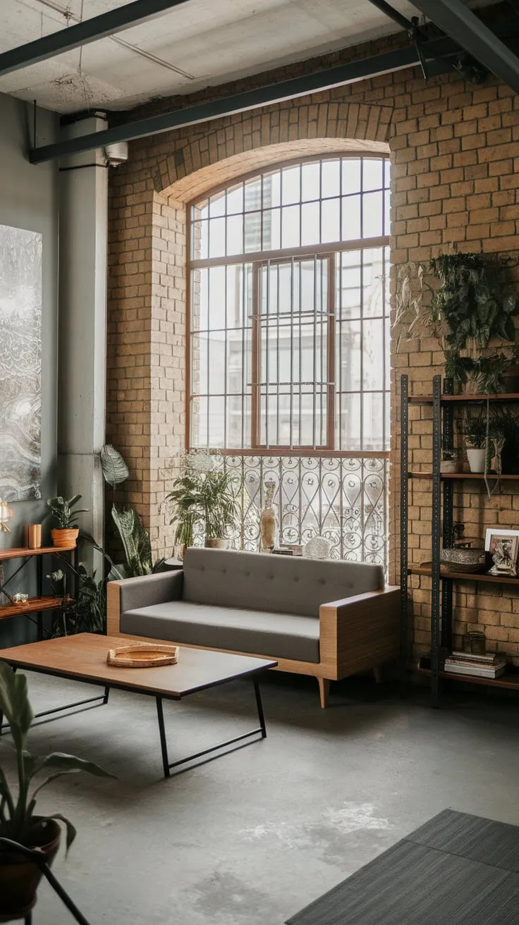 High ceilings, exposed brick, and metal accents define this urban living room's raw yet refined industrial-Japandi aesthetic