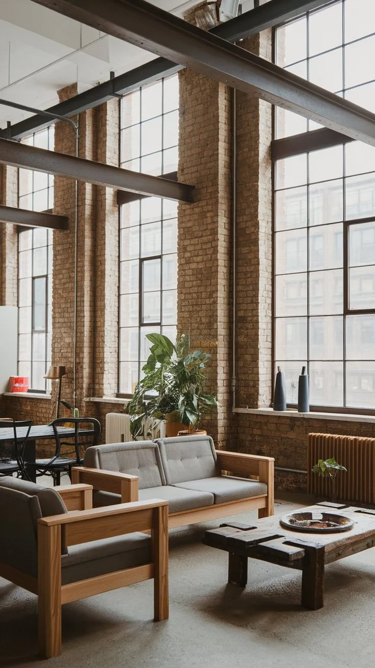 A concrete-floored living room showcases urban style with exposed brick, metal accents, and natural wood furniture under large windows.