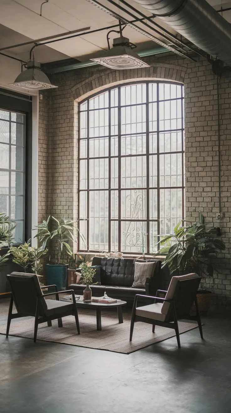 An airy neo-industrial living room blends Japandi aesthetics with exposed brick, concrete, and industrial lighting, creating a uniquely stylish space.