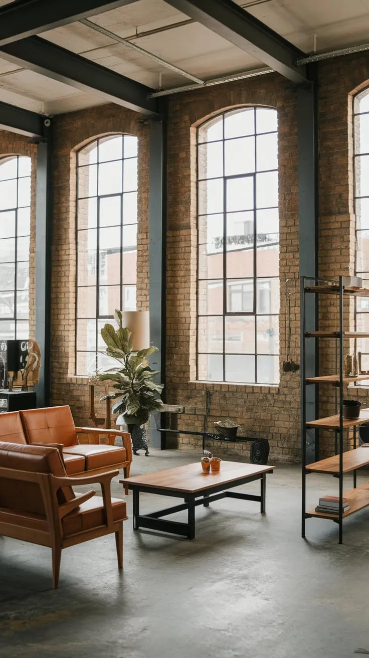 Exposed brick, steel beams, and concrete floors create a raw yet refined industrial living room in a modern urban space
