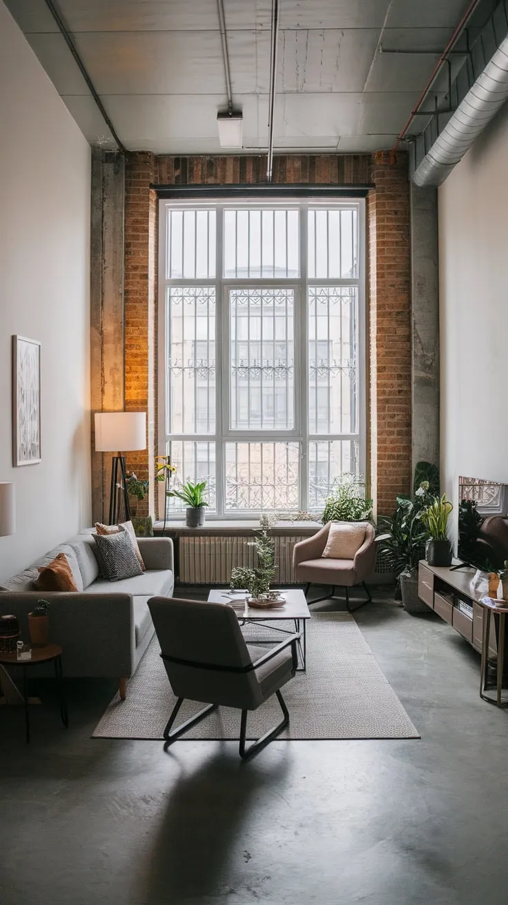A modern apartment's living room blends Japandi aesthetics with raw industrial elements like exposed brick and concrete floors for a stylish urban space.