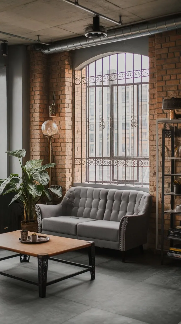 A gray sofa and wooden accents soften the hard lines of this neo-industrial living room's urban design.