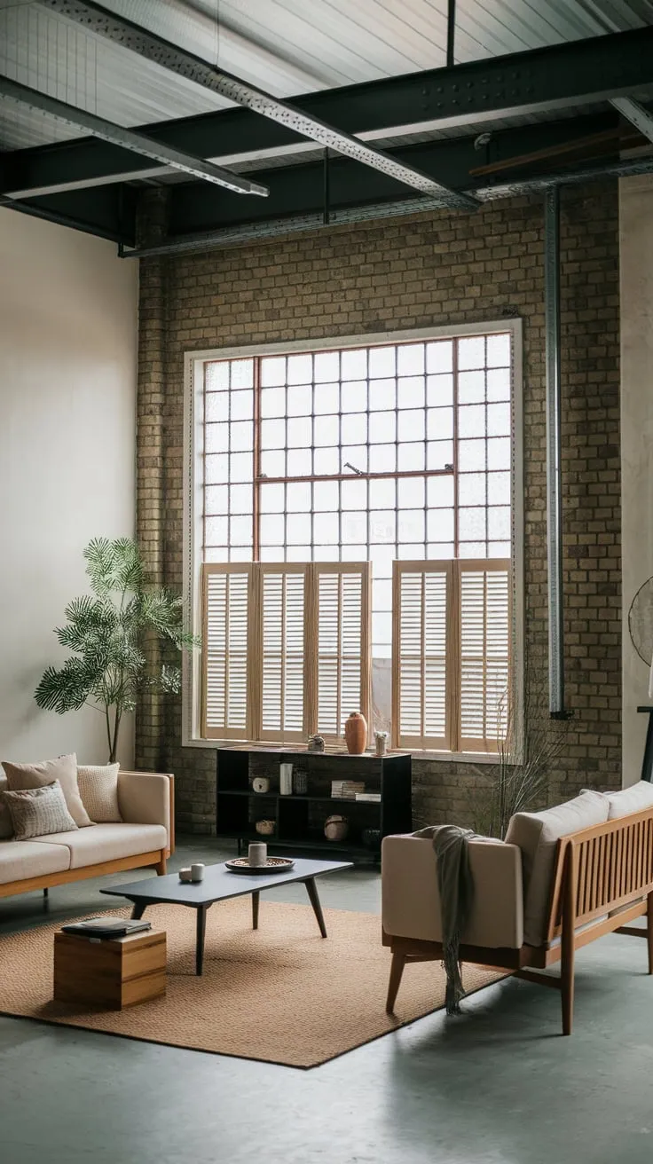 A spacious industrial living room, softened by natural wood and calming beige tones, showcases a unique Japandi fusion.