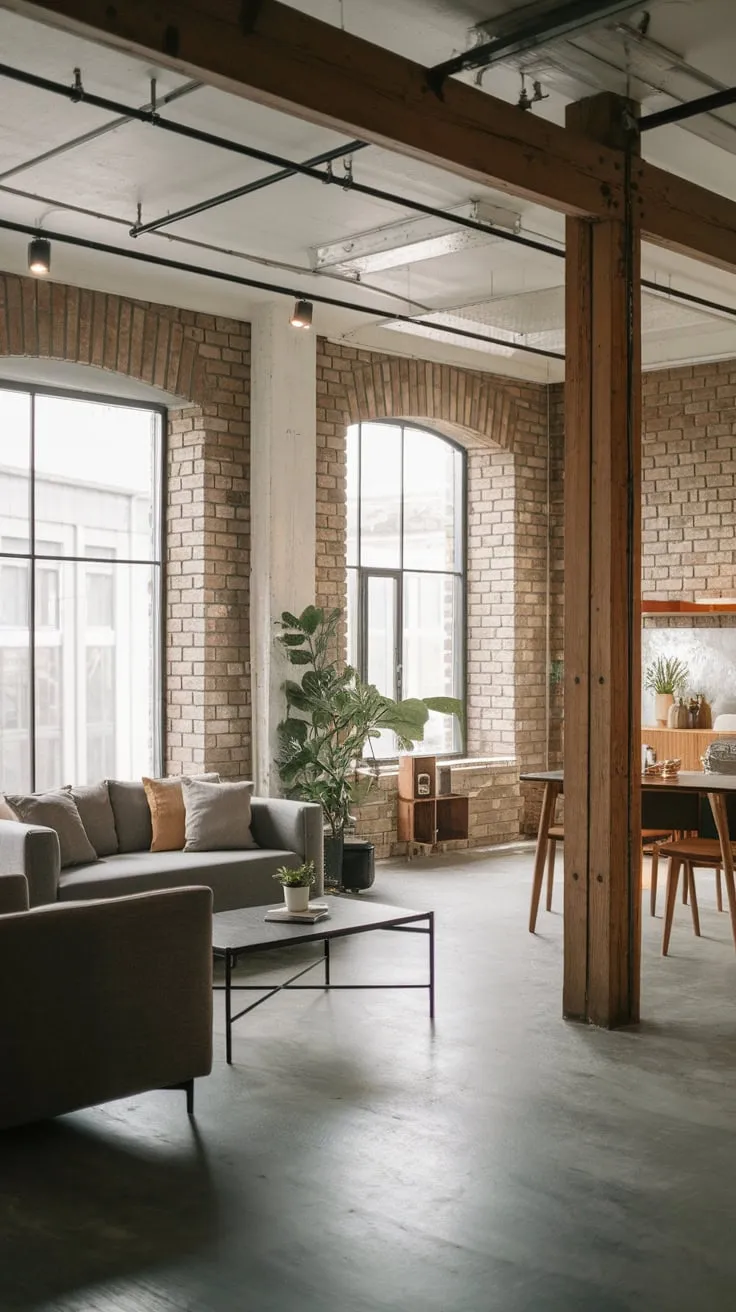 A high-ceilinged apartment showcases a modern industrial living space, featuring raw materials and minimalist furniture for a unique Japandi aesthetic.