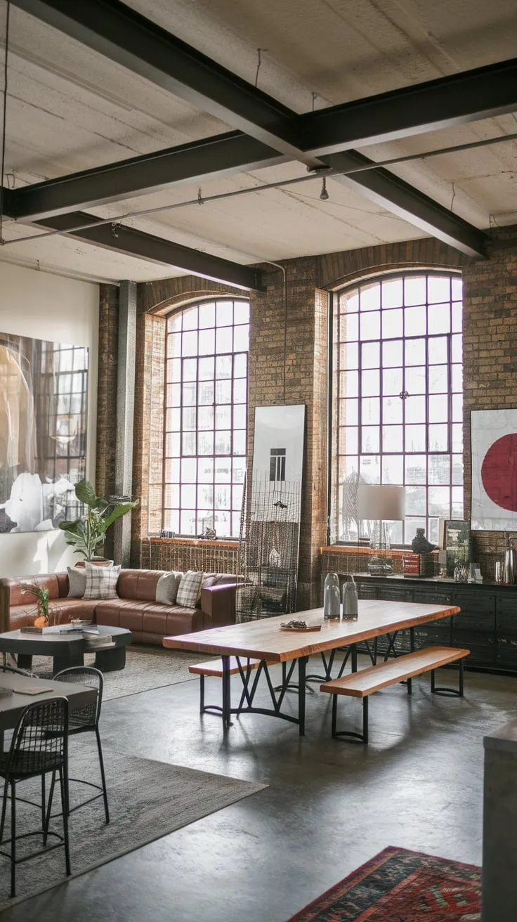 A modern urban apartment boasts an industrial living room featuring exposed brick, steel beams, and a striking wooden dining table under high ceilings.