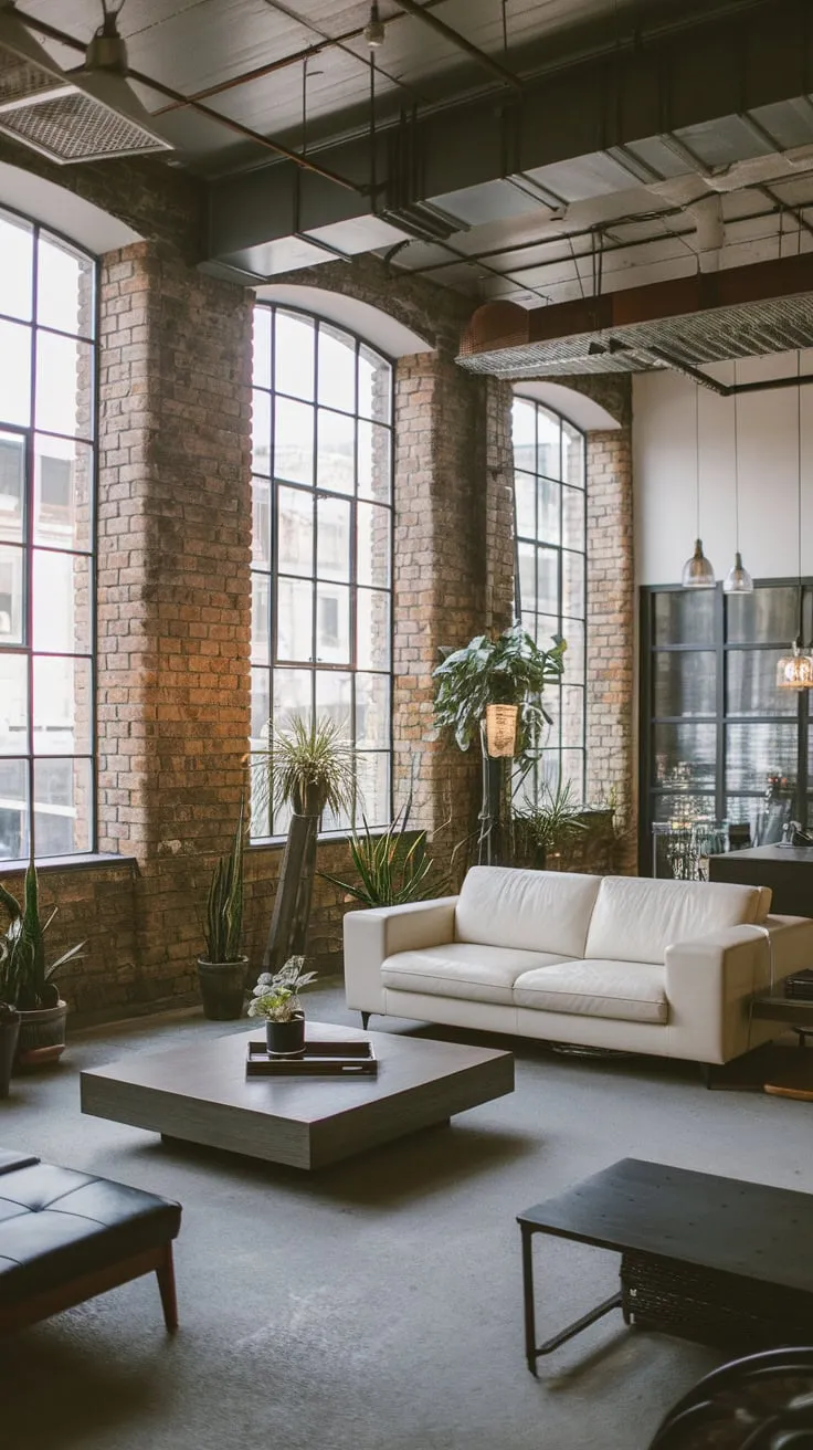 Sleek white furniture and potted plants contrast beautifully against exposed brick and concrete in this Japandi-inspired industrial living room.