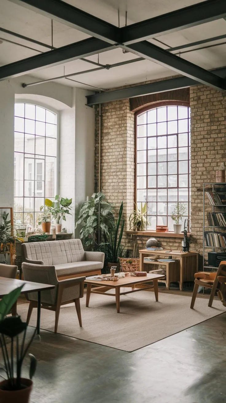 A concrete-floored living room showcases an industrial aesthetic softened by Japandi furniture and abundant natural light.