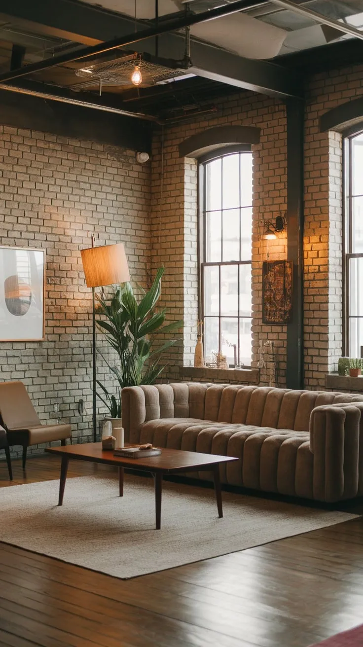Warm lighting illuminates a stylish living room where exposed brick and steel beams meet plush comfort and Japandi minimalism.