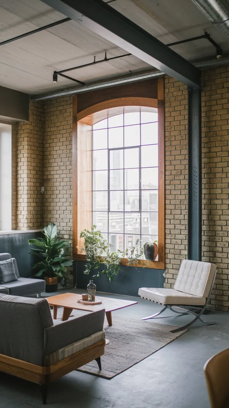 Raw concrete and exposed brick define this urban living room's industrial chic