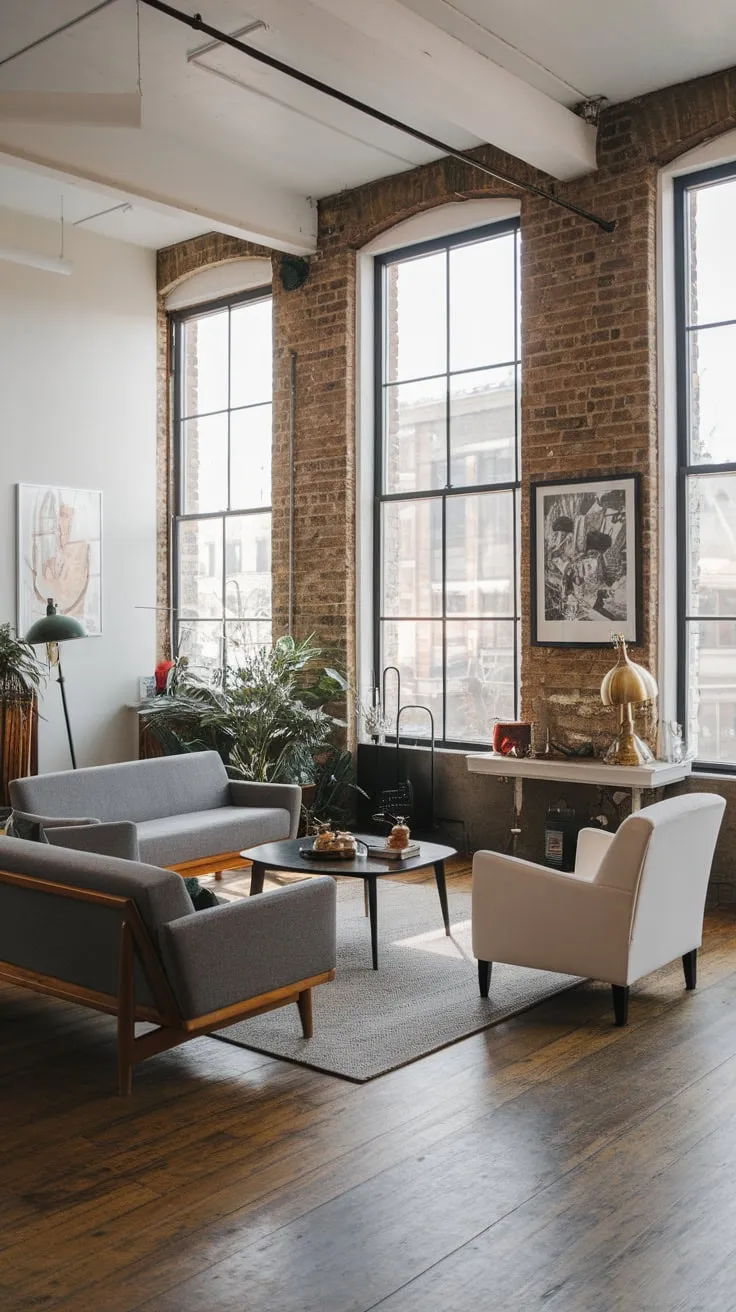 A gray sofa, wooden floors, and vintage lighting create a sophisticated urban haven in this industrial-chic living space.