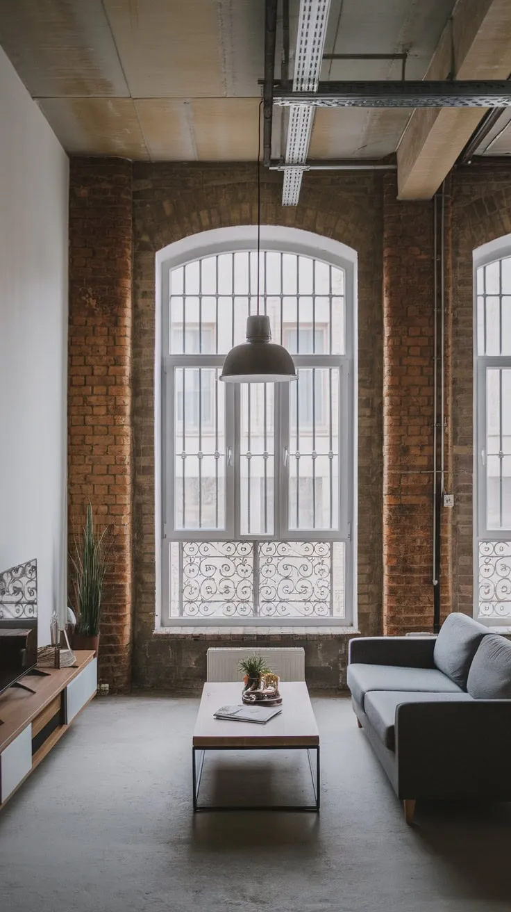 Exposed brick and high ceilings define this urban apartment's industrial-chic living room
