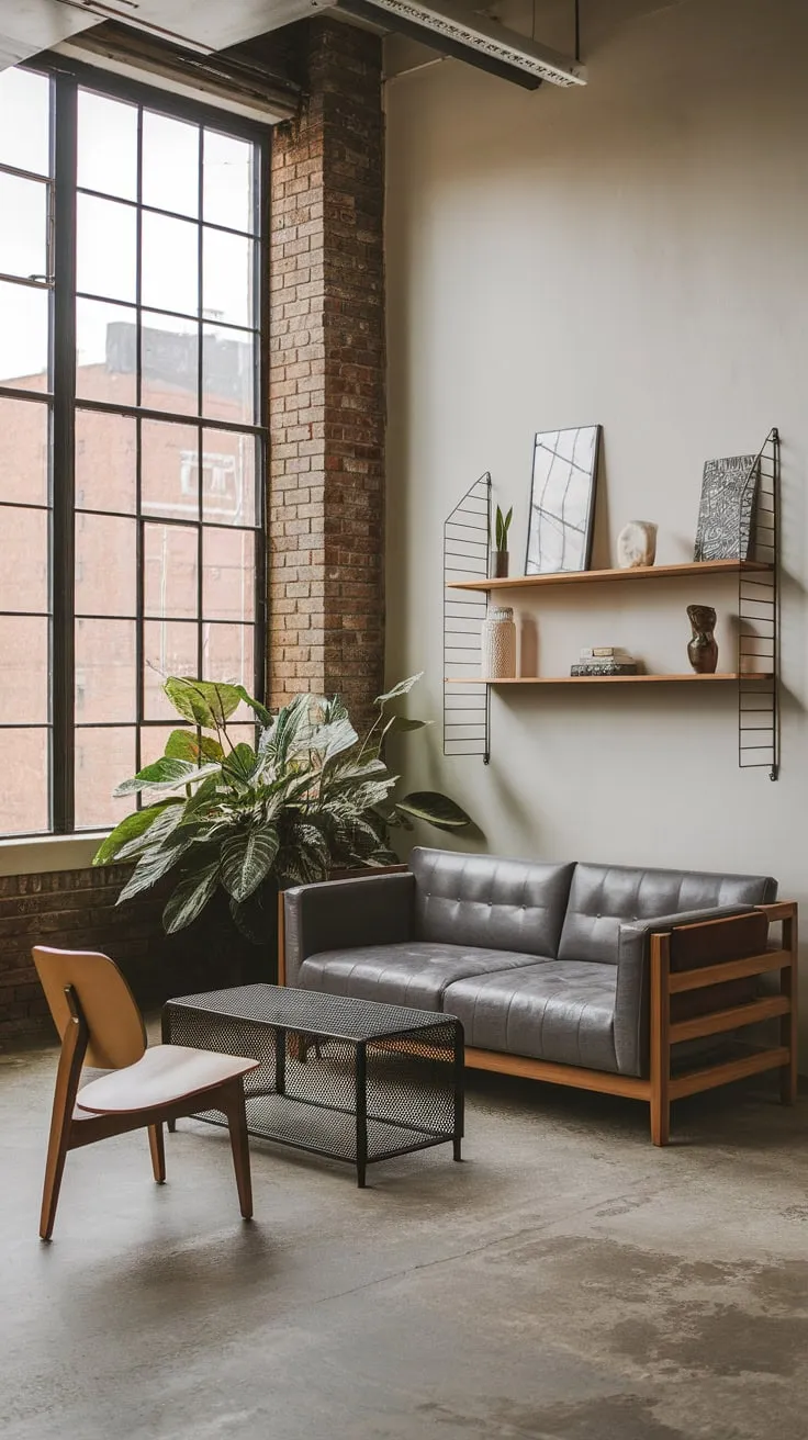 High ceilings and large windows flood this urban apartment's industrial-style living room with light, showcasing its raw materials and stylish furniture.