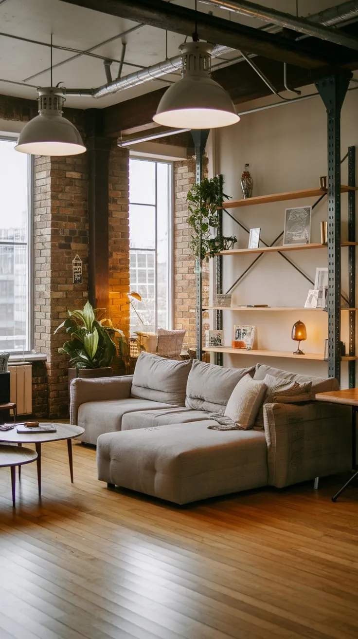 A plush gray sofa anchors a modern urban living space, its industrial design softened by warm wood and natural elements.