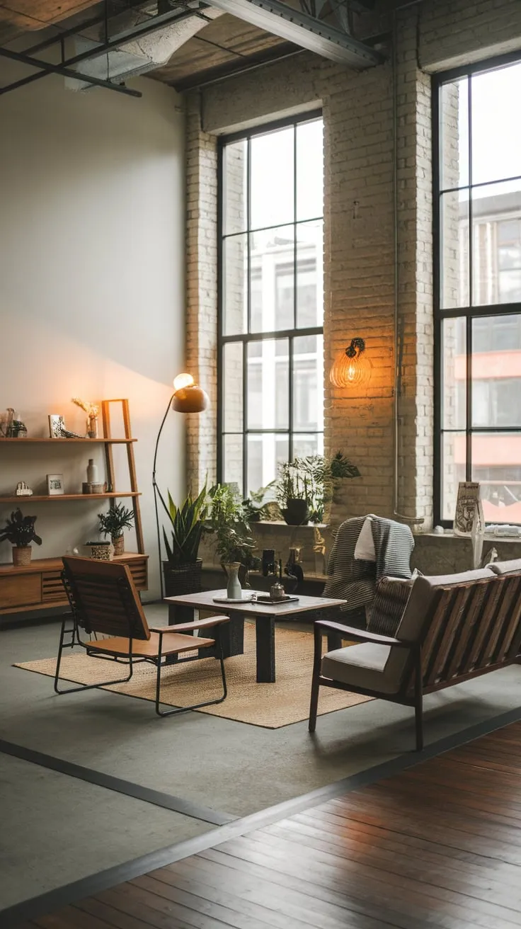 Modern urban living meets industrial chic in a Japandi-inspired space featuring exposed brick, wood furniture with metal accents, and a warm, inviting glow.