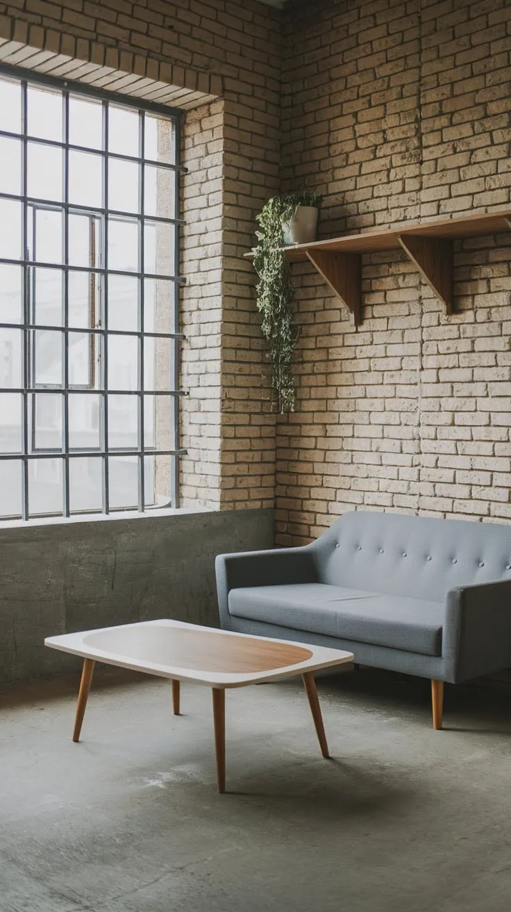 Exposed brick walls and a concrete floor create a raw industrial backdrop for a Japandi-inspired living room featuring a gray sofa and wooden accents.