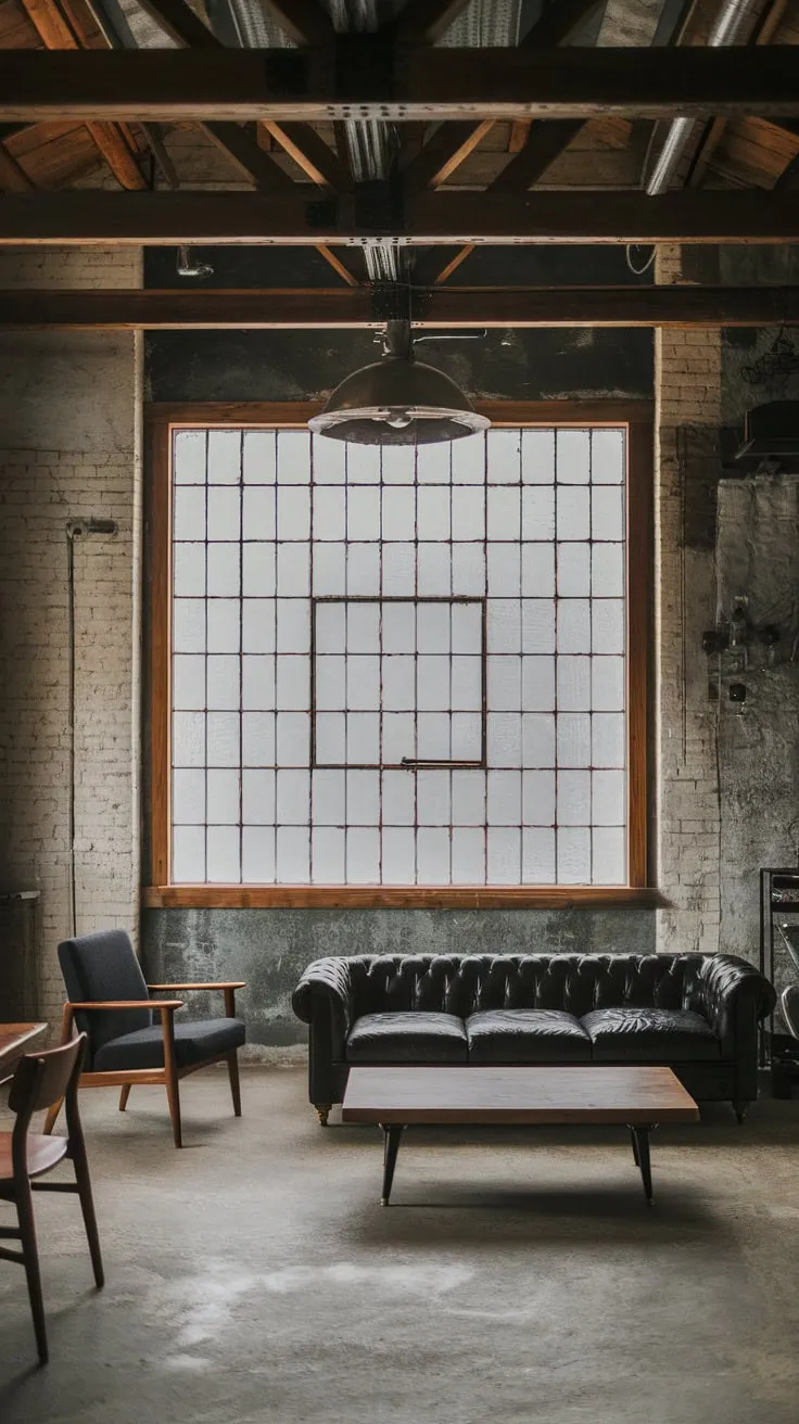 A Japandi-infused industrial living room boasts exposed brick, wooden beams, and a concrete floor, contrasted by a sleek leather sofa and mid-century modern accents.
