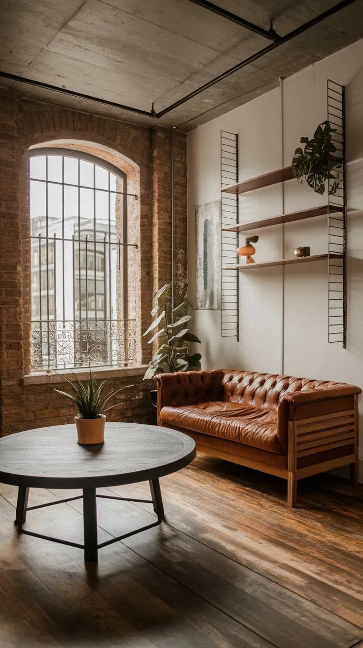 A modern apartment's living room showcases a captivating contrast of industrial grit—exposed brick and metal—and natural warmth from wood and leather furnishings.