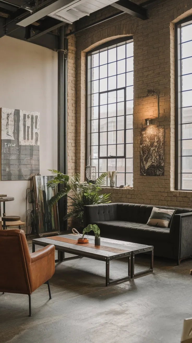 Raw concrete floors, exposed brick, and industrial chic furniture create a high-ceilinged living space brimming with character