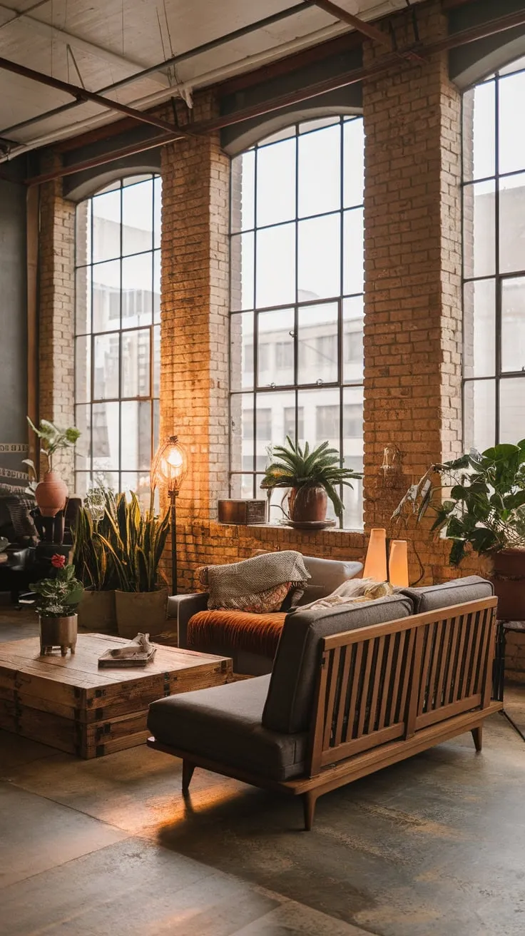 Exposed brick and concrete floors create a warm, industrial-chic living room in a modern apartment