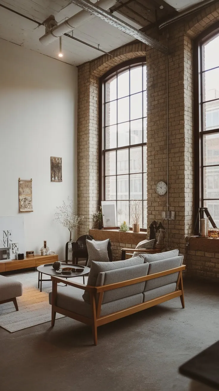 High ceilings, exposed brick, and concrete floors create a bright, modern industrial living room.