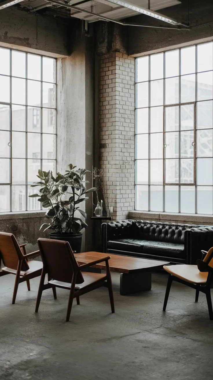 High ceilings, exposed brick, and concrete floors create a raw, industrial living room softened by Japandi-inspired wood and greenery.