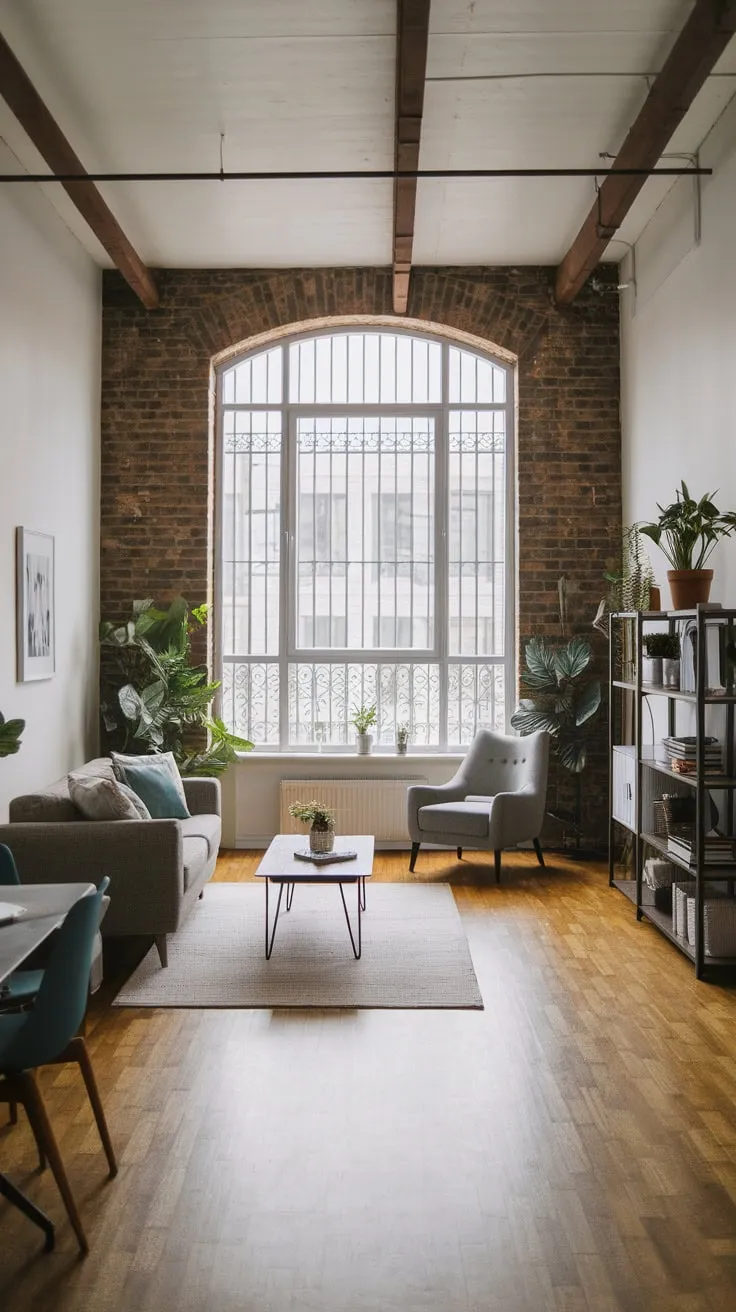 A modern apartment's industrial living room boasts exposed brick, high ceilings, and a spacious feel, enhanced by natural light and simple furnishings.