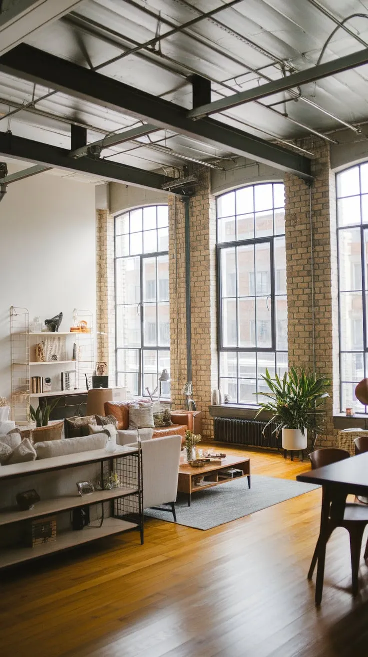 High ceilings, exposed brick, and metal beams define this Japandi-inspired industrial living room, blending urban grit with Scandinavian warmth.