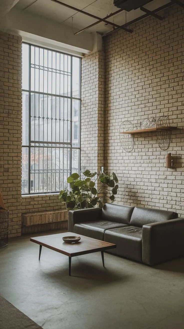 Sunlit urban loft boasts exposed brick, concrete floors, and industrial chic furniture for a raw yet refined living space