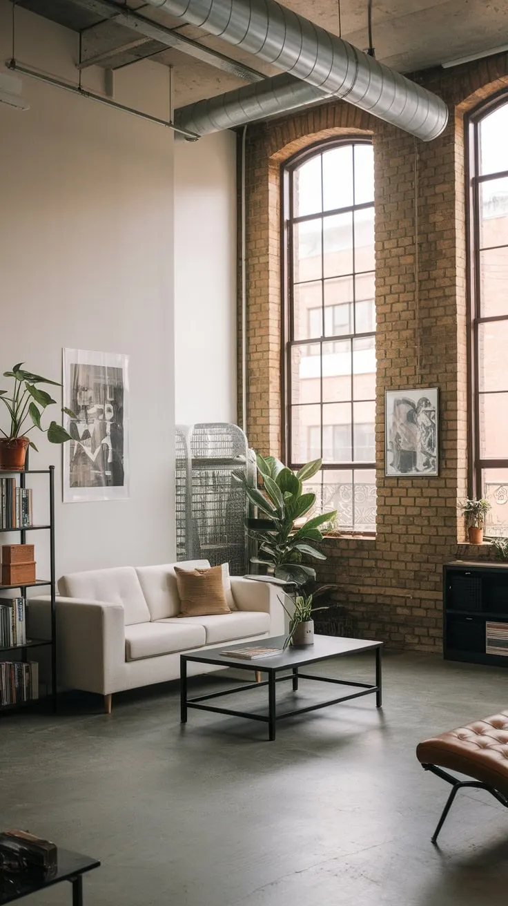 A modern apartment's living room showcases industrial chic with exposed brick, high ceilings, and minimalist furniture.