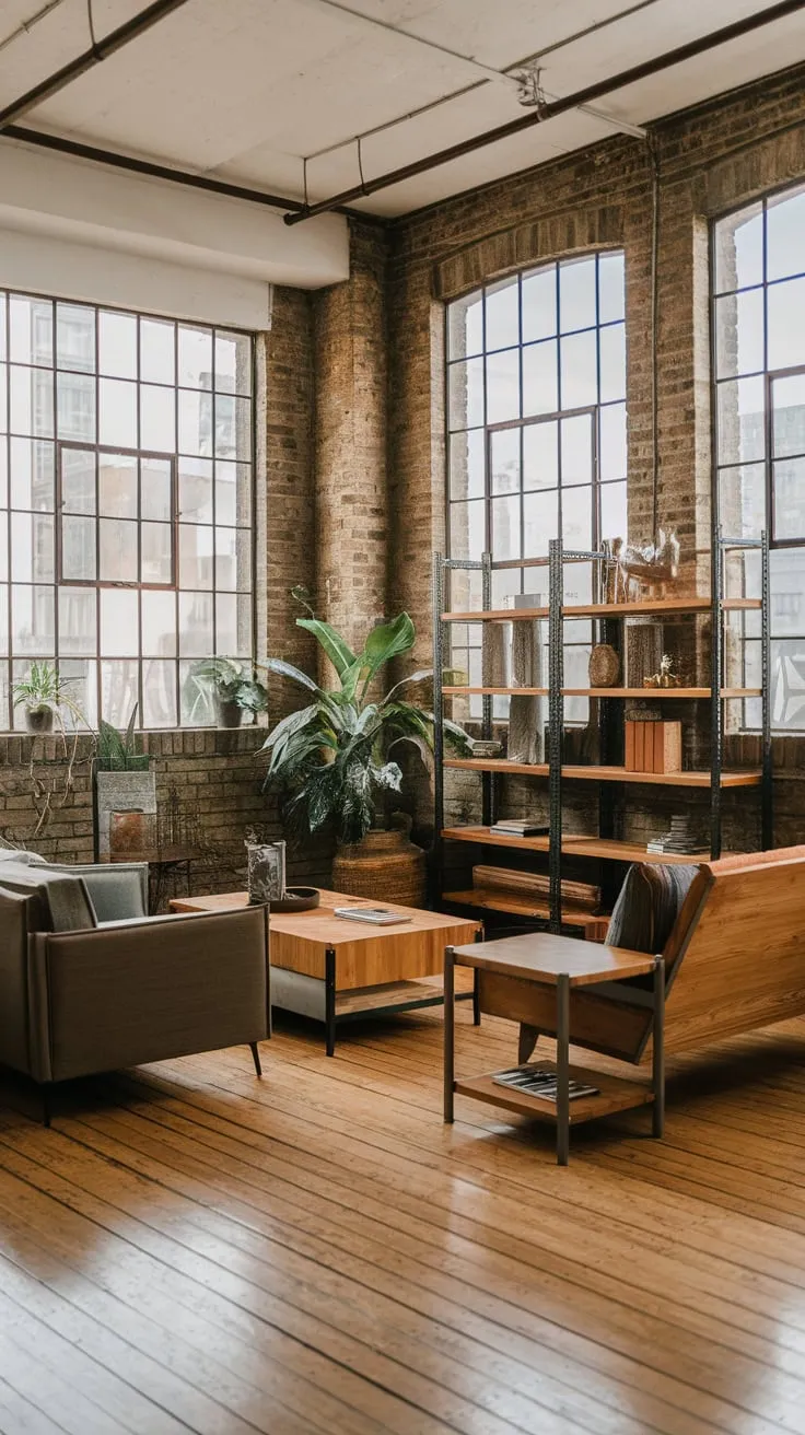 High ceilings and large windows amplify the raw, stylish aesthetic of this industrial-style living space.