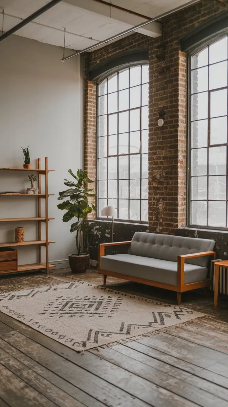 High ceilings, exposed brick, and worn wood planks create a serene Japandi-infused industrial living room.
