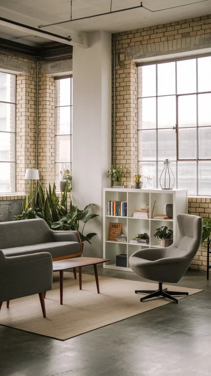 A grey concrete floor, wooden accents, and pops of greenery soften the raw industrial aesthetic of this stylish apartment living room.
