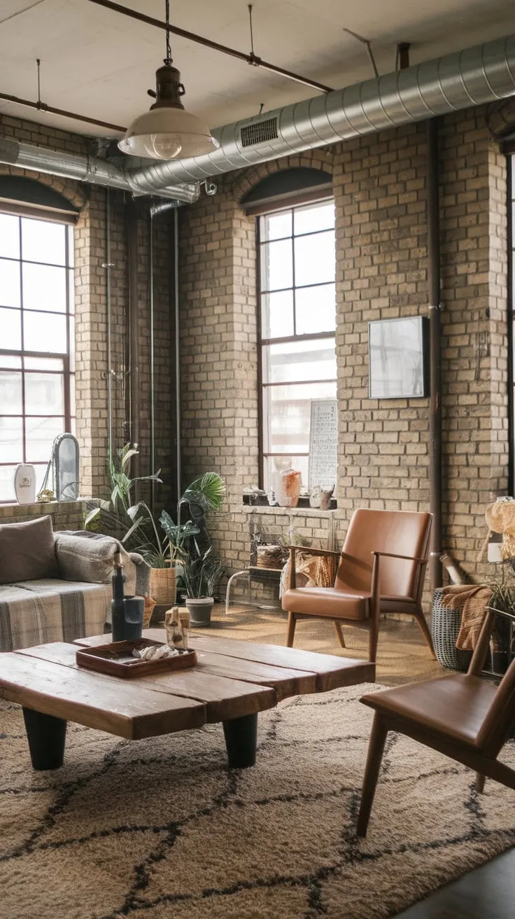 Exposed brick walls, industrial pipes, and a plush rug create a uniquely stylish Japandi-infused industrial living room.