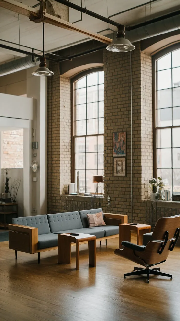 High ceilings, exposed brick, and warm wood accents create a sophisticated industrial living room in a modern urban apartment